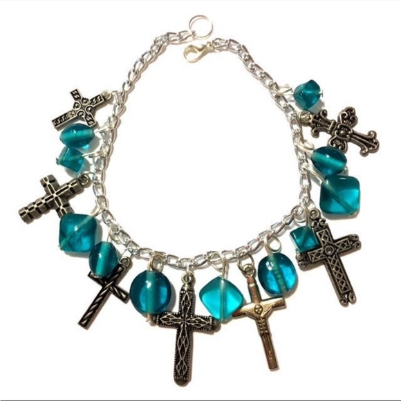 Teal Blue Cross Charm Bracelet - Picture 1 of 1